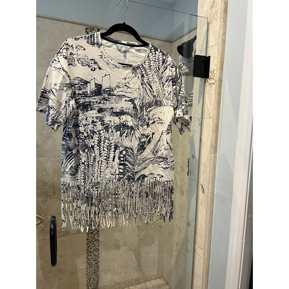 Desigual Short Sleeve Fringe Top Blouse Blue White Toile Print M 20SWTKCO